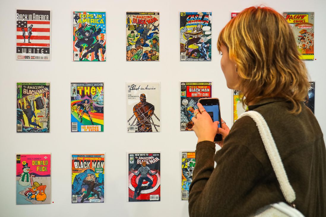 comic book covers on a wall